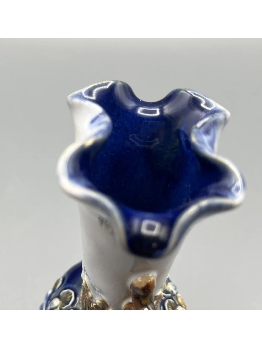 Doulton Lambeth Stoneware Vase Art Nouveau Blue Floral Relief Double Handles